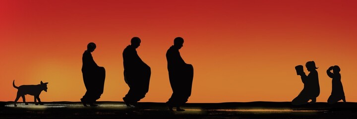 silhouette the morning sun rises the orange yellow sky 3 monks walking alms round dog walking behind There were villagers sitting on their knees waiting to offer food to monks along the way.  - obrazy, fototapety, plakaty