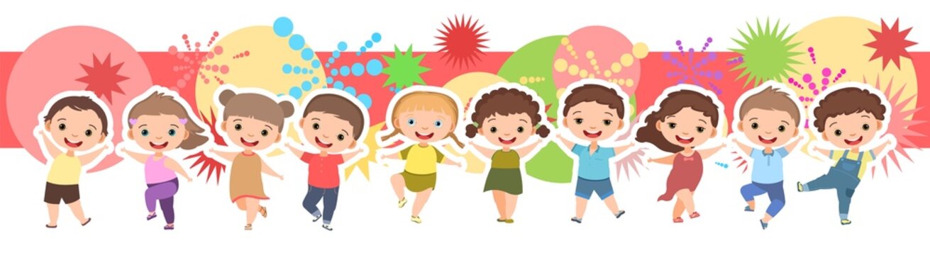 Children dance joy. Happy childhood. Little boys and girls. Horizontal composition. Kid is jumping for joy at the party. Nice kid. Cartoon style. Isolated on white background. Vector