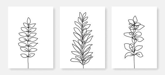 Vector Minimalist Line Art Drawing of Leaves Branches. Plant Continuous Line Leaves. Hand Drawn Abstract Botanical Print for Social Media, Logos, Poster Wall Decor, Invitation, Card, T-shirt Print.