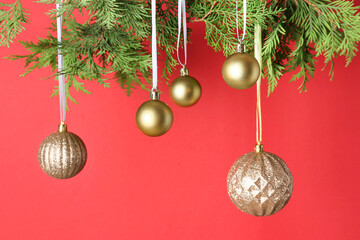 Golden Christmas balls hanging on thuja branches against red background