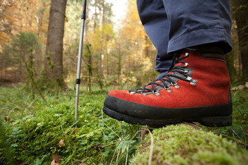 walking in the woods out of  path with red mountain shoes