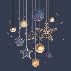 3d render illustration. Christmas decorations, stars and serpentine on a dark blue background. The image can be used like banner for a web or New Year card.