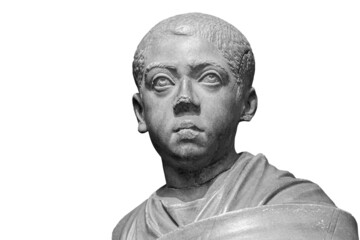 Obraz premium Boy in toga. Head of roman boy statue. Ancient sculpture isolated on white background. Classic antiquity young man man portrait