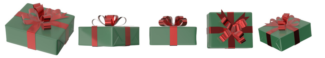 3d render illustration. Christmas background. 
Gifts with a bow. View from different angles.  The image is suitable as a banner for a web or New Year card. Isolated on white. Red and green colors