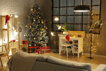 Fototapeta na wymiar Beautiful living room with fir tree and gifts on Christmas eve