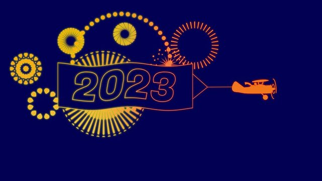 Animation of flying Biplane with banner 2023 Happy New Year and firework sparkle