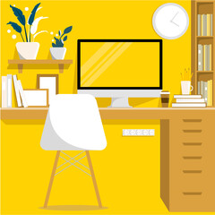 Office workplace. Table with a computer, books, flower, clock. Freelance workspace. Flat style vector illustration.