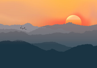 graphics drawing landscape view outdoor sunset with mountain vector illustration