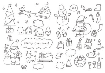 クリスマスにまつわる手描きイラストセット（モノクロ）