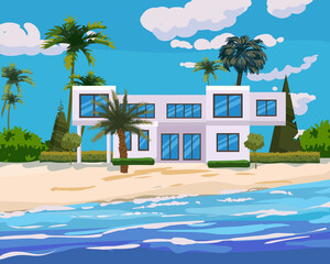 Villa on tropical exotic island coast. Modern luxury cottage, ocean, beach, palms and plants, summertime landscape seachore. Vector illustration