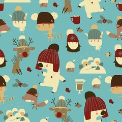 Seamless Pattern with Animals celebrating Winter Holidays