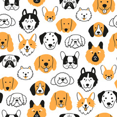 Dog faces seamless pattern. Hand drawn heads of different dog breed. Corgi, Pug, Chihuahua, Pomeranian, Spaniel, Husky and Dachshund. Hand drawn vector illustration in doodle style on white background
