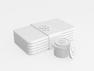 Abstract 3d money dollar cash symbol isolated on white. White dollar bills and coin.