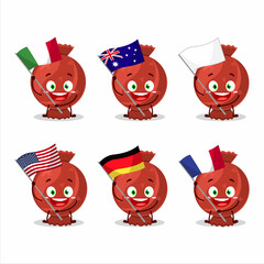 Red candy wrap cartoon character bring the flags of various countries