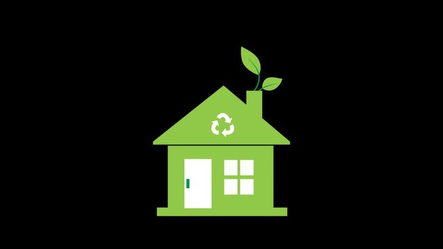 A greenhouse with a leaf icon on the side, as a symbol of a house with clean energy or one that recycles