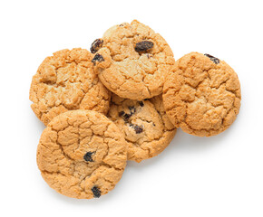 Delicious homemade cookies with raisins on white background