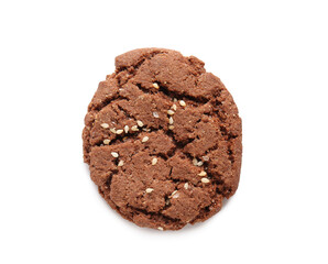 Delicious chocolate cookie with sesame on white background
