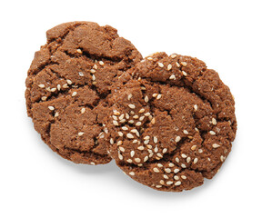 Delicious chocolate cookies with sesame on white background