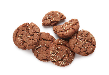 Delicious chocolate cookies with sesame on white background