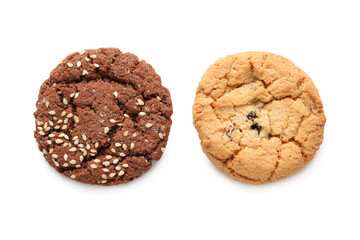 Different delicious cookies on white background