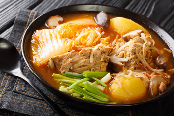 Gamja-tang or pork backbone stew is a spicy Korean soup close up in the bowl on the table. Horizontal