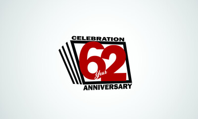 62 year anniversary celebration, book design style black and red color for event, birthday, gift card, poster-vector