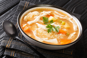 Tasty Canja de Galinha Chicken soup with rice, potatoes, celery and carrots close-up in a bowl on the table. horizontal