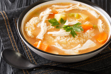 Chicken soup with rice, potatoes, celery and carrots close-up in a bowl on the table. horizontal