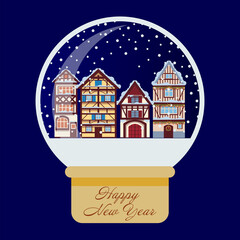 Happy New Year snow globe with old houses. Set of xmas glass ball. Christmas snowglass ball with european medieval houses and tree, falling snow. Cartoon Vector Illustration.