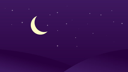 Fototapeta na wymiar night landscape scene with crescent moon and shiny stars in dark sky background
