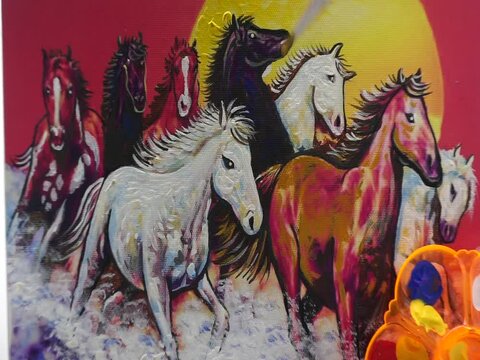 Art painting Fine art Oil color running horse Lucky from Thailand , Palette , paintbrush 