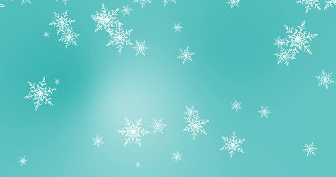 Abstract flying snowflakes on light blue. Beautiful Christmas and New Year seamless loop pattern with snowflakes on light blue. Winter background animation. 4K Video motion graphi