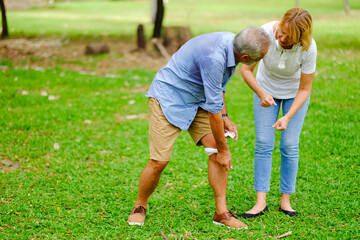 Portrait caucasian senior woman and old man, couple elder in love happy in park