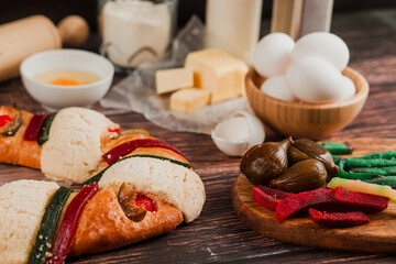mexican Epiphany cake ingredients and recipe on a wooden table in Mexico Latin America