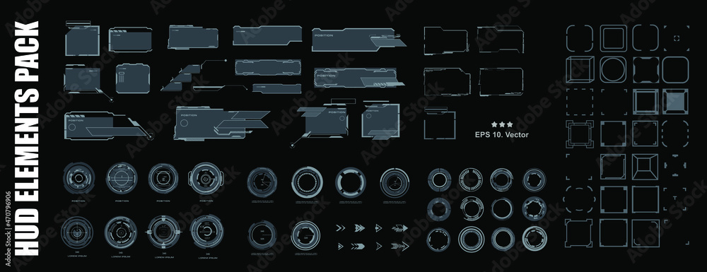 Poster set technology elements frames, circle pointers, targets for game user interface hud. high-tech gami