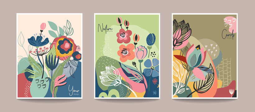 Set of abstract floralpre-made cards. Modern trendy vector collection
