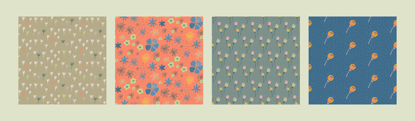 Set of abstract vector floral seamless patterns.