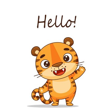 Cute cartoon tiger waving hand. Children's character. Postcard in cartoon kawaii style. Vector for design, banners, children's books and patterns