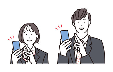 シンプル　イラスト　スマホを操作する制服姿の学生の男女
