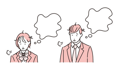 シンプル　イラスト　疲れてため息をつく学生の男女