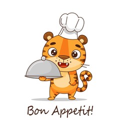 The tiger chef is holding a plate. Bon appetit. Postcard in cartoon kawaii style. Vector for design, banners, children's books and patterns