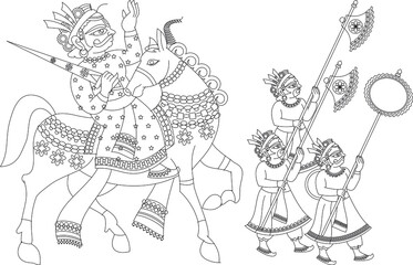 Fototapeta premium worrier and his army, wall painting, Rajasthan india. in Kalamkari folk style. 