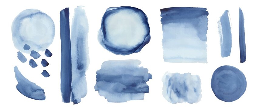 Set of blue, indigo watercolor textures, backgrounds, design elements. Hand painted brush strokes, circles, forms.