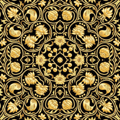Fantasy flowers in retro, vintage, embroidery style. Seamless pattern, background. In gold and black.
