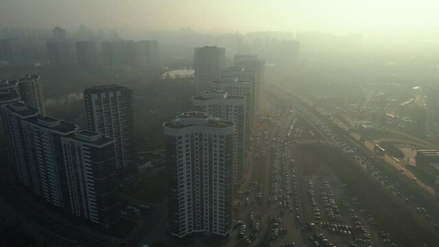 City smog. Smog in the city. Ukraine. Kiev. Aerial view.