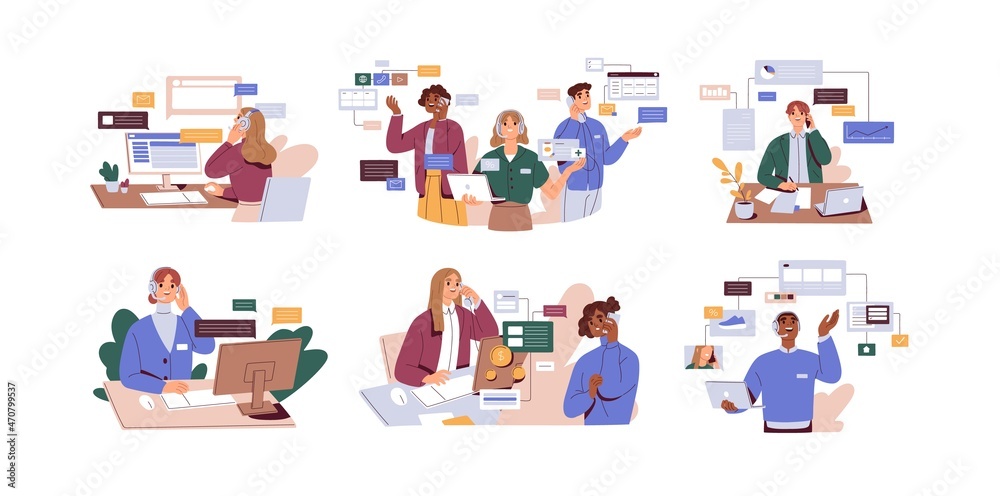 Poster people during work calls, online consultations of support services and business communication in com