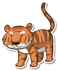 Fototapeta na wymiar Cartoon character of cute tiger in standing pose sticker