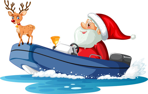 Santa Claus on the boat with a reindeer