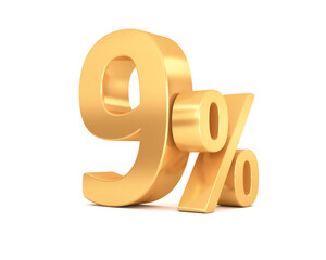 9% discount on sale. Gold nine percent isolated on white background. 3d rendering.