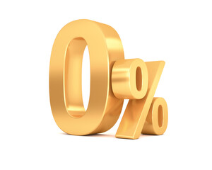 3d render illustration. Golden zero percent on a white background. Illustration for advertising.